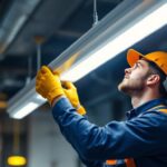 A photograph of a lighting contractor expertly installing a t12 fluorescent fixture in a commercial setting