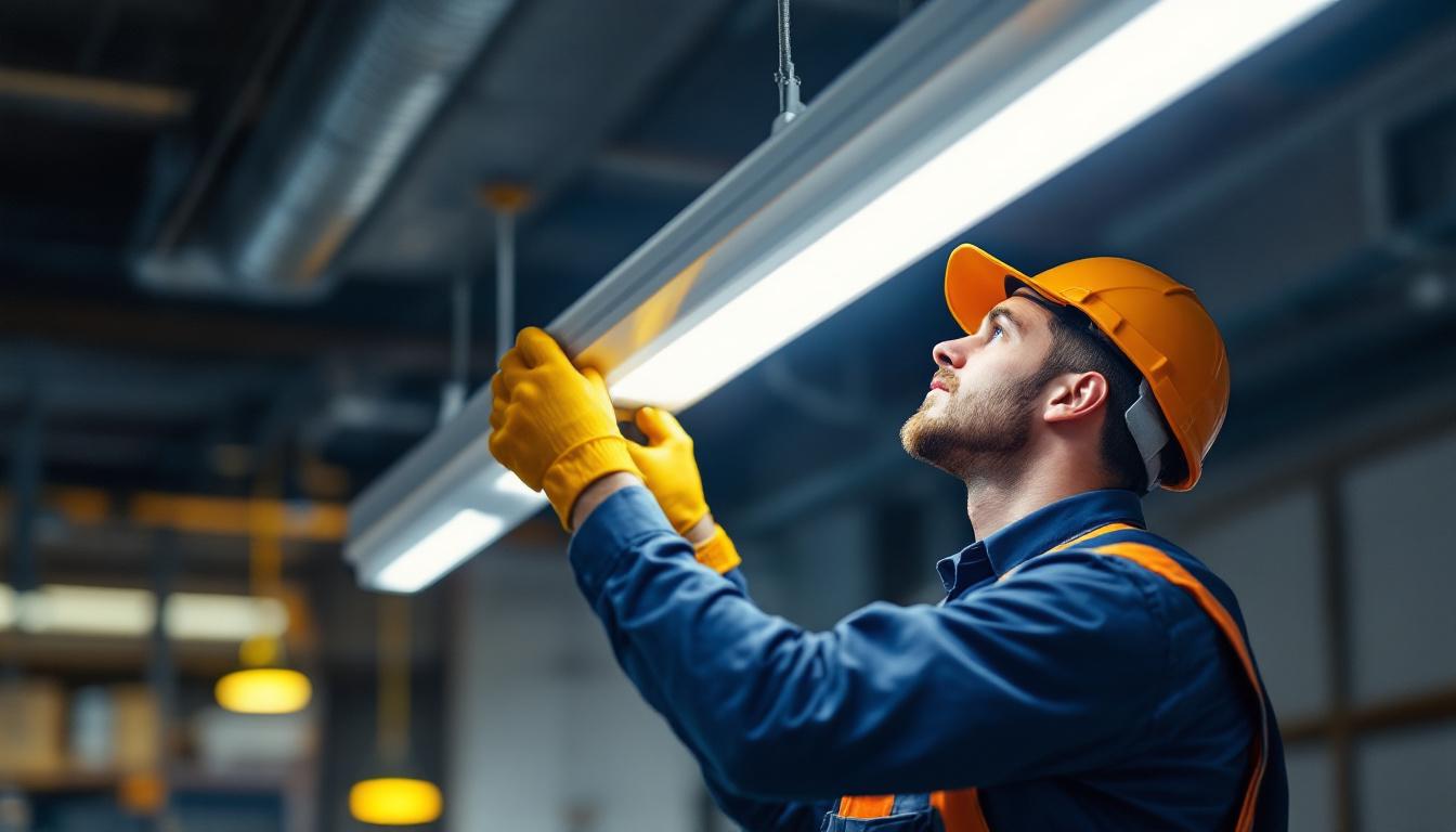 A photograph of a lighting contractor expertly installing a t12 fluorescent fixture in a commercial setting