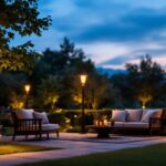 A photograph of a beautifully lit patio scene at dusk
