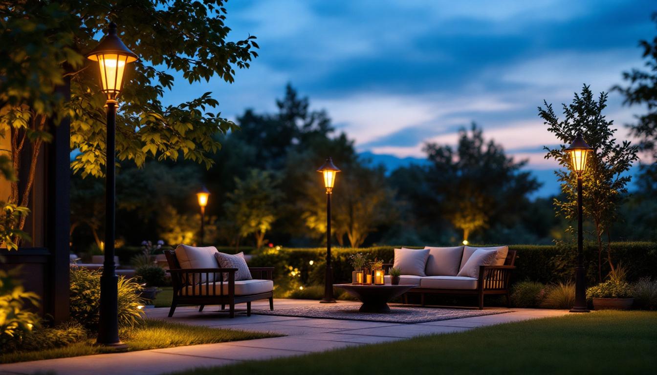 A photograph of a beautifully lit patio scene at dusk
