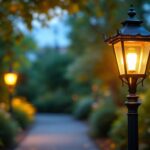 A photograph of a beautifully restored vintage outdoor lamp post illuminating a charming garden pathway at dusk