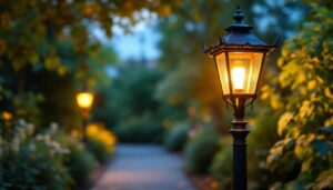 A photograph of a beautifully restored vintage outdoor lamp post illuminating a charming garden pathway at dusk