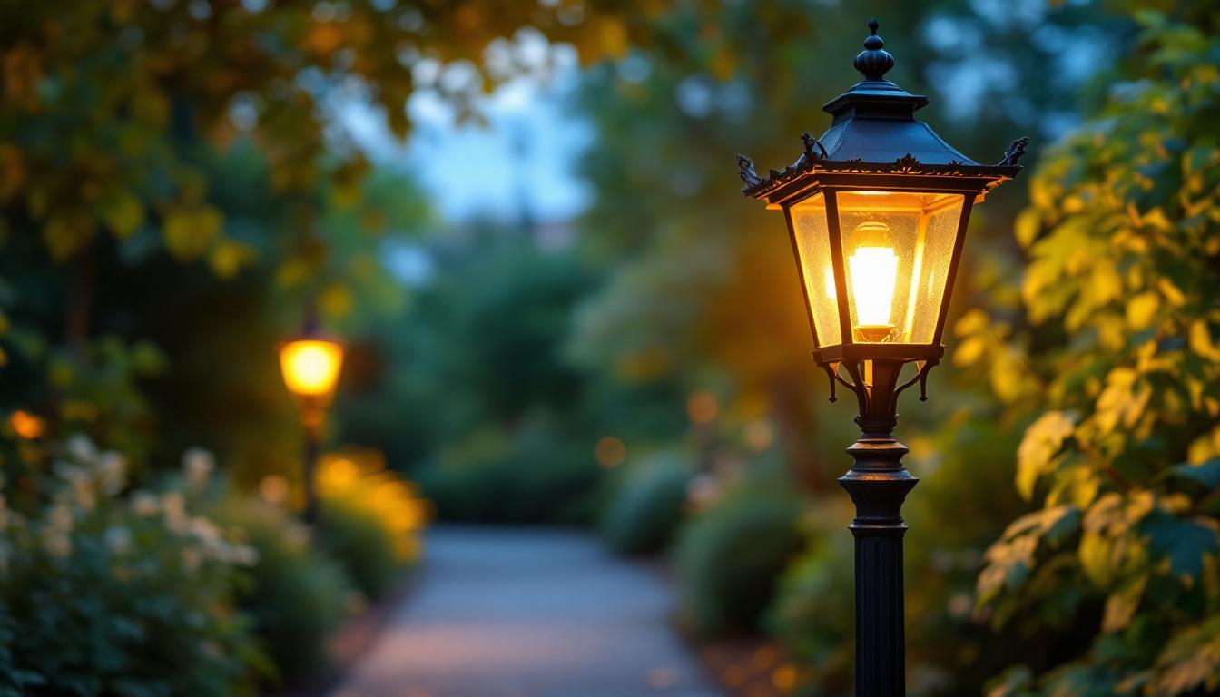 A photograph of a beautifully restored vintage outdoor lamp post illuminating a charming garden pathway at dusk