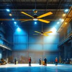 A photograph of a spacious industrial setting showcasing a large ceiling fan in action