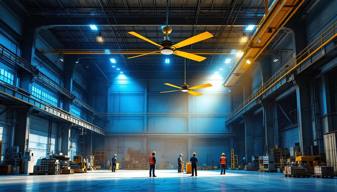 A photograph of a spacious industrial setting showcasing a large ceiling fan in action