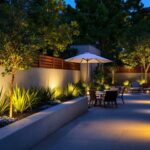 A photograph of a well-lit outdoor space featuring landscape forms lighting installations