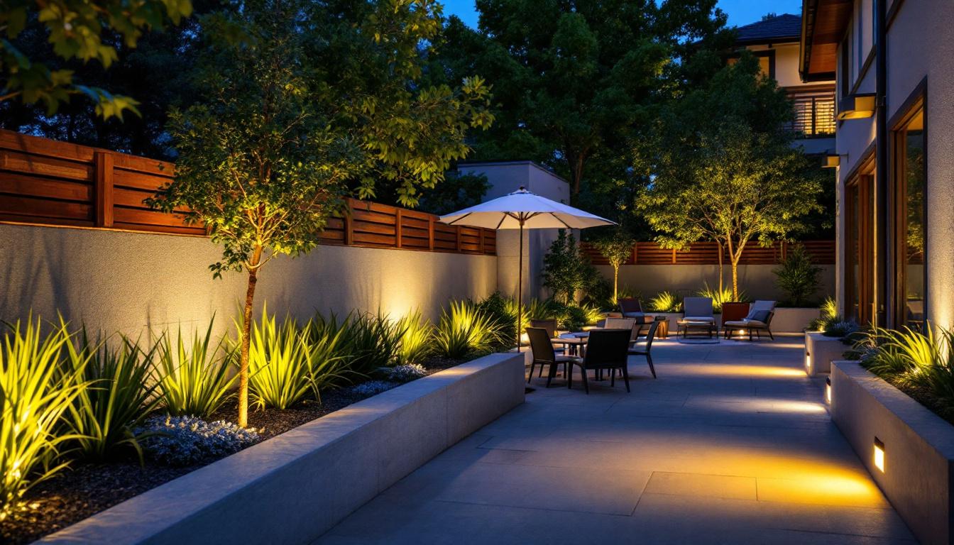 A photograph of a well-lit outdoor space featuring landscape forms lighting installations