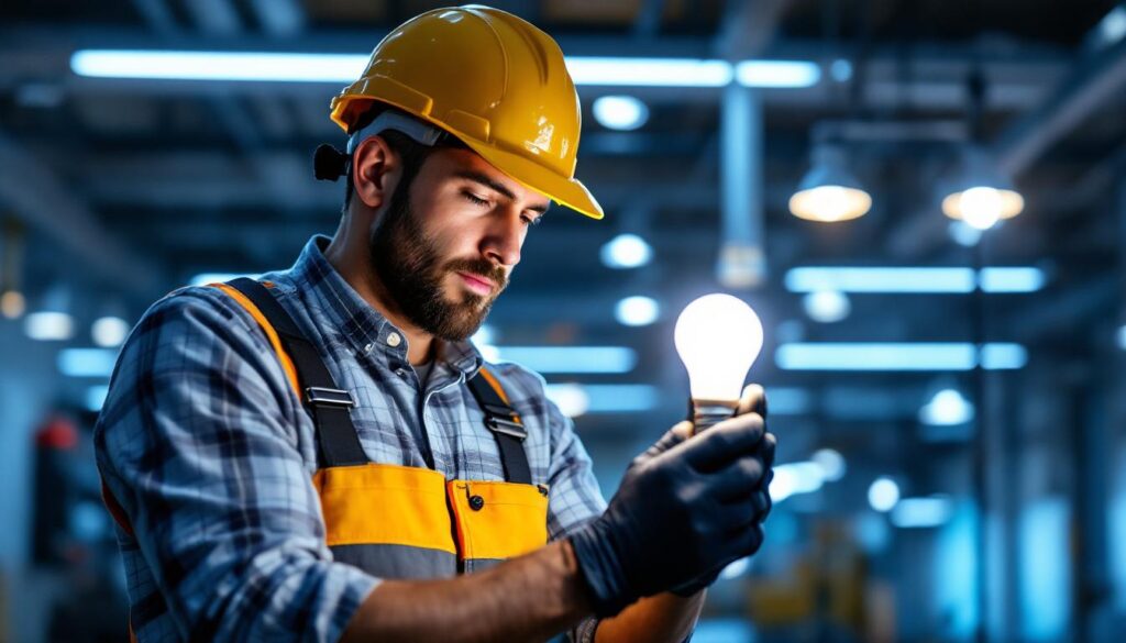 A photograph of a lighting contractor working with modern led light bulbs in a well-lit