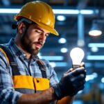 A photograph of a lighting contractor working with modern led light bulbs in a well-lit