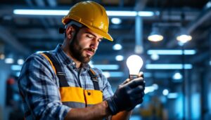 A photograph of a lighting contractor working with modern led light bulbs in a well-lit