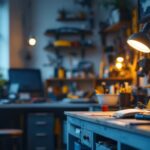 A photograph of a well-lit garage workspace featuring various stylish and functional garage lamps