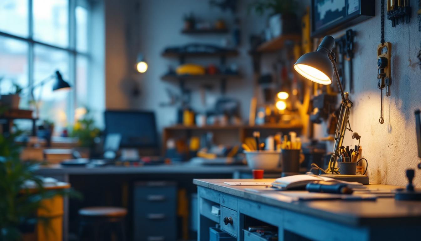 A photograph of a well-lit garage workspace featuring various stylish and functional garage lamps