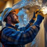 A photograph of a lighting contractor installing or inspecting an electrical bubble cover in a residential or commercial setting