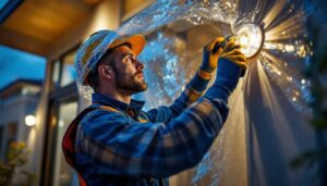 A photograph of a lighting contractor installing or inspecting an electrical bubble cover in a residential or commercial setting