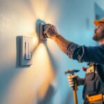 A photograph of a professional lighting contractor installing a 3-way wall switch in a well-lit room