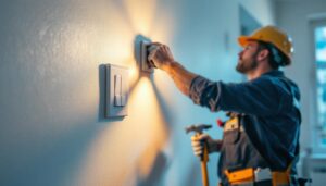 A photograph of a professional lighting contractor installing a 3-way wall switch in a well-lit room