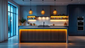 A photograph of a beautifully designed kitchen island featuring elegant drop lights