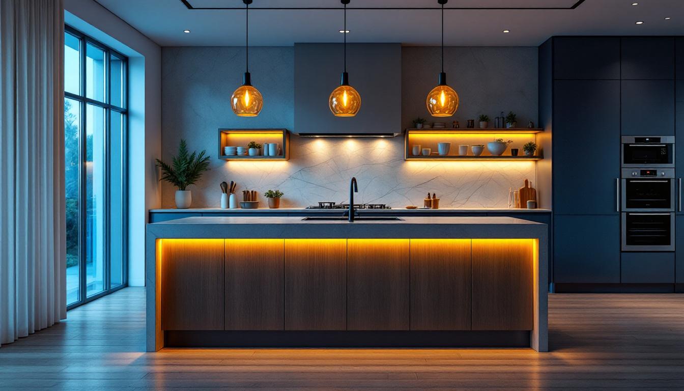 A photograph of a beautifully designed kitchen island featuring elegant drop lights
