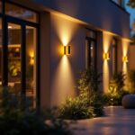 A photograph of a beautifully lit exterior space showcasing modern led wall lights illuminating a stylish outdoor area