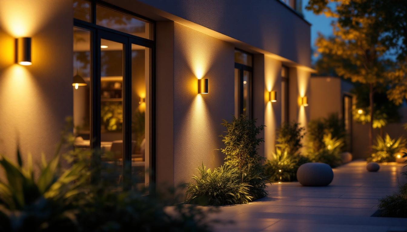 A photograph of a beautifully lit exterior space showcasing modern led wall lights illuminating a stylish outdoor area