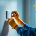 A photograph of a skilled electrician or lighting contractor installing a three-way wall switch in a well-lit room