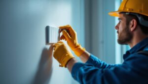 A photograph of a skilled electrician or lighting contractor installing a three-way wall switch in a well-lit room
