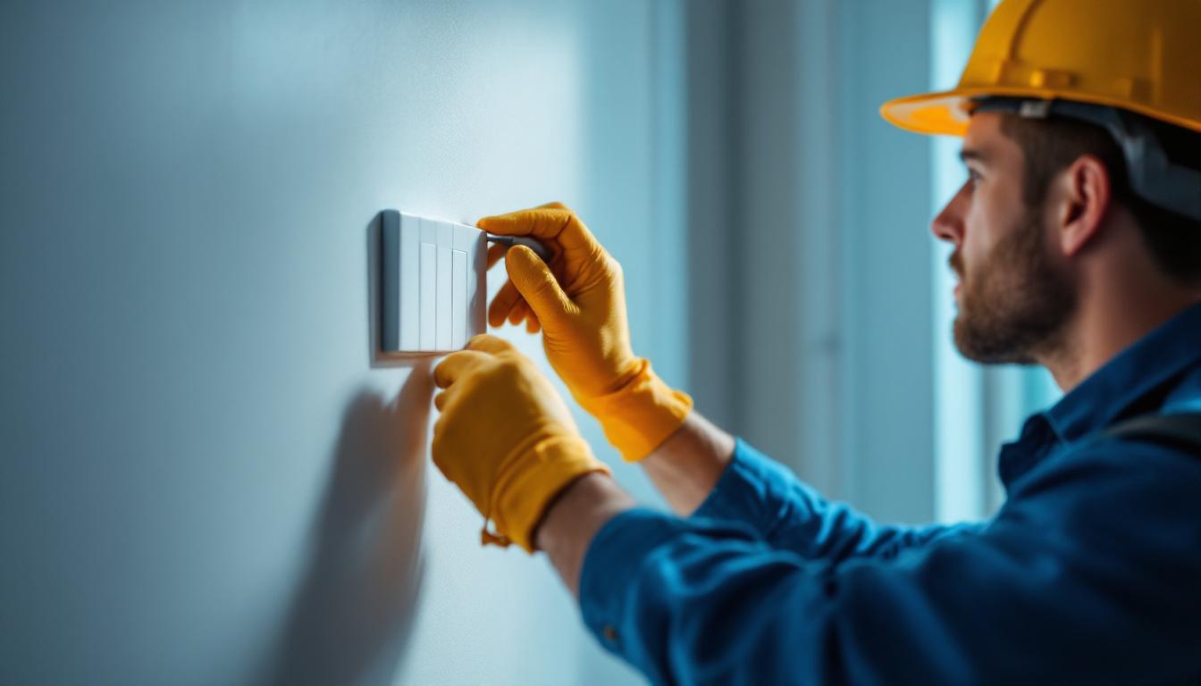 A photograph of a skilled electrician or lighting contractor installing a three-way wall switch in a well-lit room