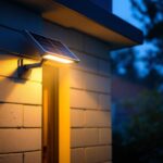 A photograph of a solar panel security light installed in a modern outdoor setting