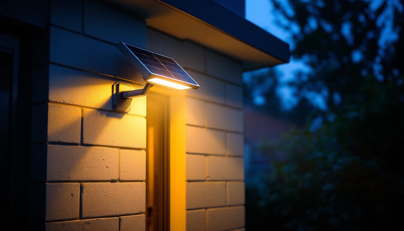 A photograph of a solar panel security light installed in a modern outdoor setting