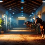 A photograph of a well-lit horse barn interior showcasing modern lighting solutions