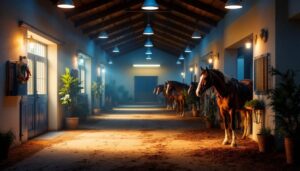 A photograph of a well-lit horse barn interior showcasing modern lighting solutions
