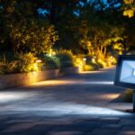 A photograph of capture a photograph of a beautifully illuminated outdoor space featuring led flood light fixtures in action