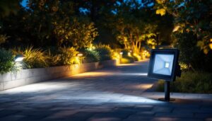 A photograph of capture a photograph of a beautifully illuminated outdoor space featuring led flood light fixtures in action