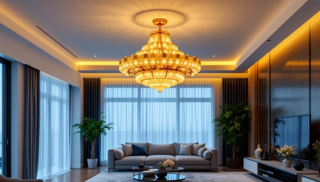 A photograph of a beautifully designed large flush mount chandelier elegantly illuminated in a modern living space