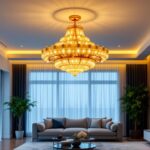 A photograph of a beautifully designed large flush mount chandelier elegantly illuminated in a modern living space