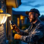 A photograph of a lighting contractor installing an outdoor motion sensor light in a residential setting during dusk