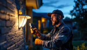 A photograph of a lighting contractor installing an outdoor motion sensor light in a residential setting during dusk