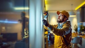 A photograph of a skilled lighting contractor carefully installing a 4-foot led strip in a modern interior setting