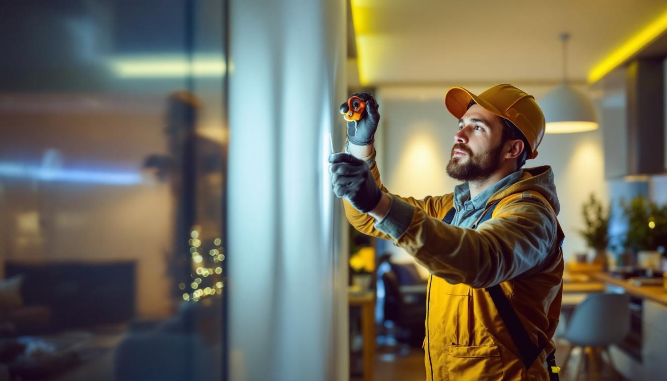 A photograph of a skilled lighting contractor carefully installing a 4-foot led strip in a modern interior setting