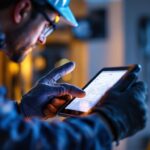 A photograph of a lighting contractor working on a project