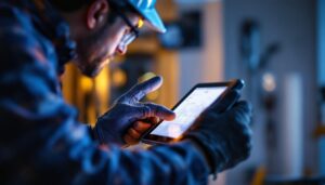 A photograph of a lighting contractor working on a project