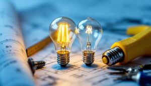 A photograph of a vintage light bulb alongside a modern led bulb