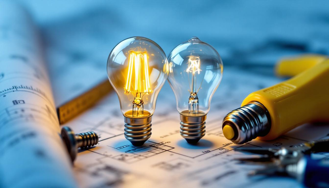 A photograph of a vintage light bulb alongside a modern led bulb
