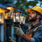 A photograph of a skilled lighting contractor installing or showcasing a variety of stylish lamp post heads in an outdoor setting