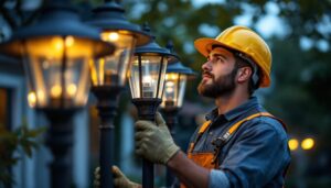 A photograph of a skilled lighting contractor installing or showcasing a variety of stylish lamp post heads in an outdoor setting