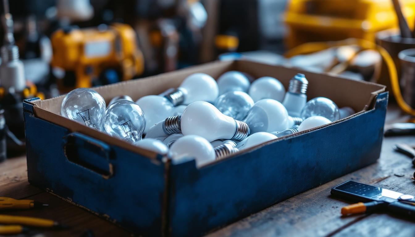 A photograph of a well-organized light bulb box filled with various types of light bulbs
