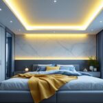 A photograph of a beautifully designed bedroom featuring a suspended ceiling with integrated lighting