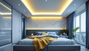 A photograph of a beautifully designed bedroom featuring a suspended ceiling with integrated lighting