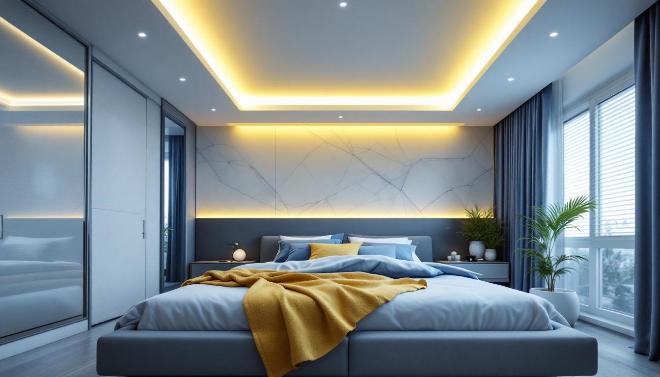 A photograph of a beautifully designed bedroom featuring a suspended ceiling with integrated lighting