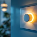A photograph of a close-up shot of a dimmer wall switch in a modern interior setting
